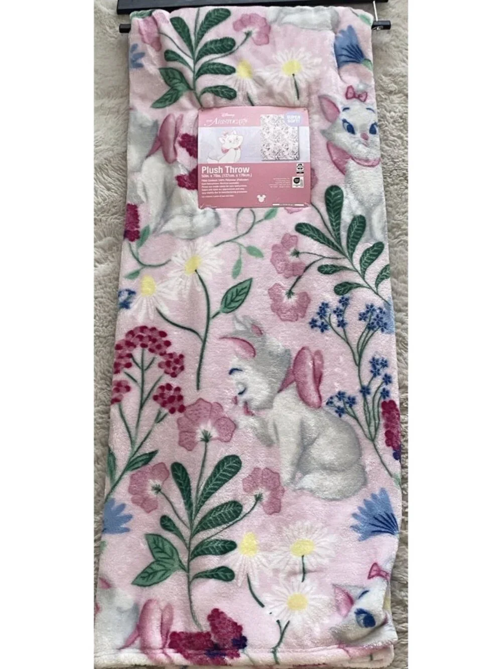 Disney Aristocats Marie Kitten Pink Floral‎ Soft Throw Blanket 50” X 70” NEW